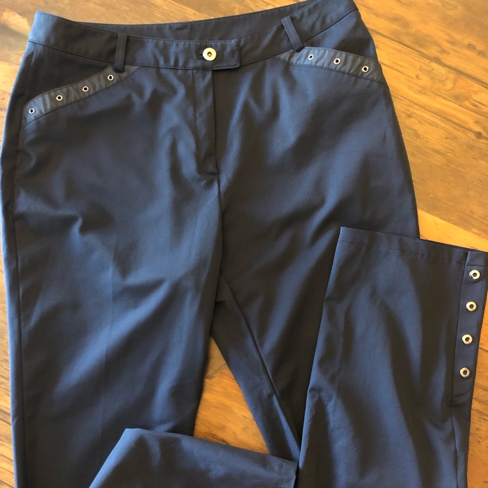 Navy ankle pants with snap details